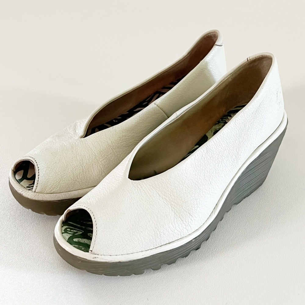 Fly London Peep Toe Wedge White Leather Slip On Shoes EU 37 / US 6.5-7 So Comfy!